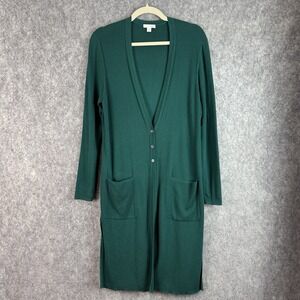 J. Jill Cardigan Sweater Duster Size M Green Ribbed Knit Long Line 3 Button